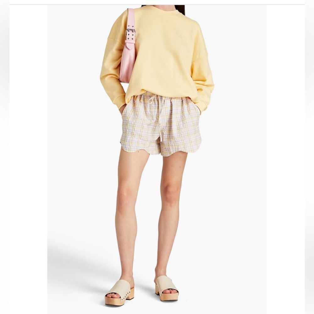 NEW GANNI Yellow Checked Cotton Blend Seersucker High Rise Pull On Shorts S